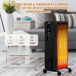 1500 W Oil-Filled Heater Portable Radiator Space Heater with Adjustable Thermostat-Black - Color: Black