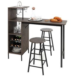 3 Piece Bar Table and Chairs Set with 6-Bottle Wine Rack-Brown - Color: Brown