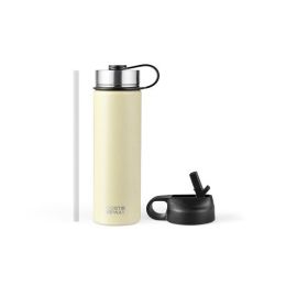 22 Oz Double-walled Insulated Stainless Steel Water Bottle with 2 Lids and Straw-Beige - Color: Beige