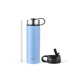 22 Oz Double-walled Insulated Stainless Steel Water Bottle with 2 Lids and Straw-Blue - Color: Blue