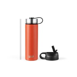 22 Oz Double-walled Insulated Stainless Steel Water Bottle with 2 Lids and Straw-Orange - Color: Orange