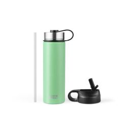 22 Oz Double-walled Insulated Stainless Steel Water Bottle with 2 Lids and Straw-Green - Color: Green