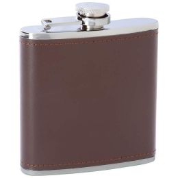 6oz Stainless Steel Flask with Brown Genuine Leather Wrap