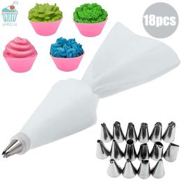 8/10/18PCS Silicone Pastry Bag Tips Kitchen Cake Icing Piping Cream Cake Decorating Tools Reusable Pastry Bags Nozzle Set (Color: White)
