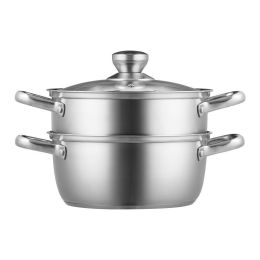 Home Kitchen 304 Stainless Steel Food Steamer Cookware with Lid (Color: Silver, Type: 24cm-5QT)